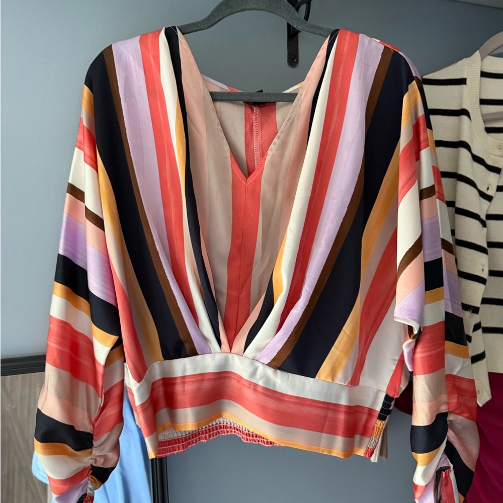 Halogen Multicolor Striped V-Neck Blouse